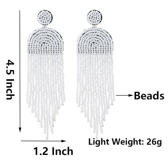 Long Boho White Beaded Tassel Fringe Dangling Drop Fan Chandelier Post Earrings - Picture 3 of 7